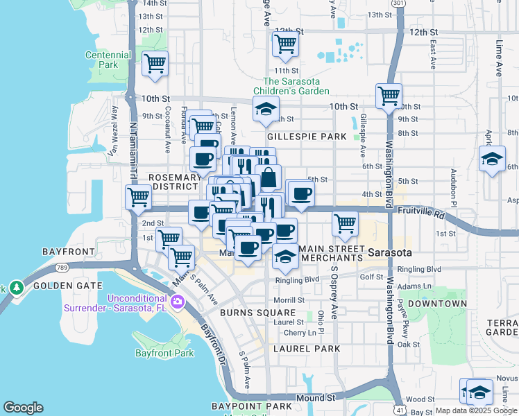 map of restaurants, bars, coffee shops, grocery stores, and more near 1577 Fruitville Rd in Sarasota