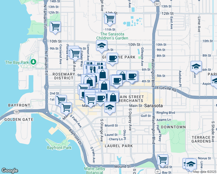 map of restaurants, bars, coffee shops, grocery stores, and more near 1645 Fruitville Road in Sarasota