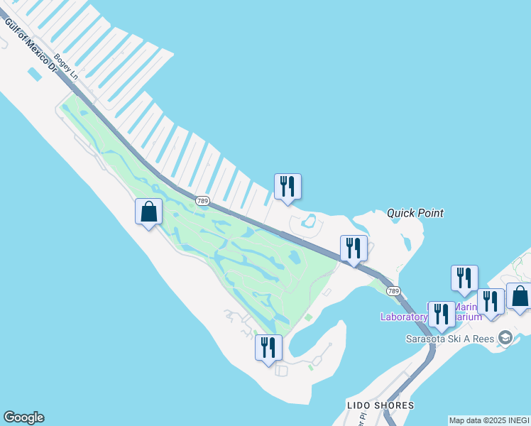 map of restaurants, bars, coffee shops, grocery stores, and more near 525 Channel Lane in Longboat Key