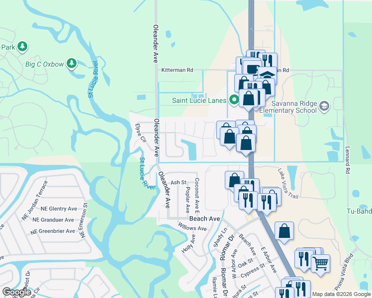 map of restaurants, bars, coffee shops, grocery stores, and more near 6848 Bronte Circle in Port St. Lucie