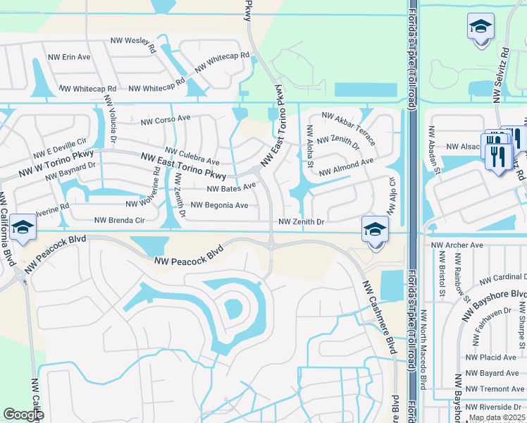 map of restaurants, bars, coffee shops, grocery stores, and more near 5803 Northwest Basswood Street in Port St. Lucie