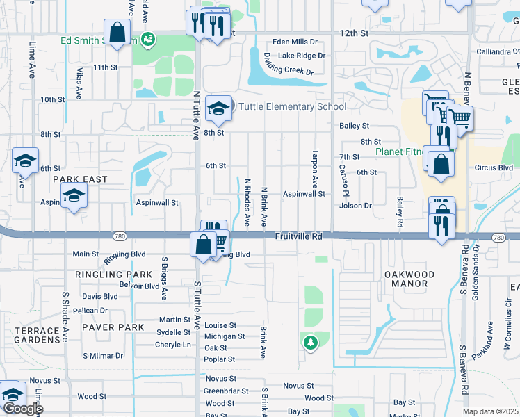 map of restaurants, bars, coffee shops, grocery stores, and more near 235 North Brink Avenue in Sarasota