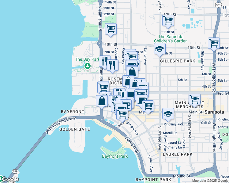 map of restaurants, bars, coffee shops, grocery stores, and more near 1283B Fruitville Road in Sarasota