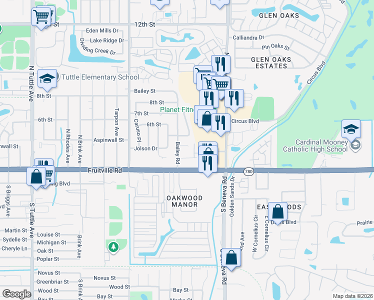 map of restaurants, bars, coffee shops, grocery stores, and more near 308 Bailey Lane in Sarasota