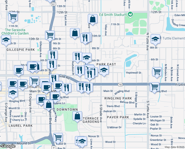 map of restaurants, bars, coffee shops, grocery stores, and more near 276 North Lime Avenue in Sarasota