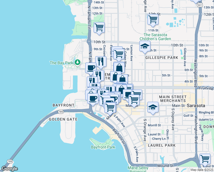 map of restaurants, bars, coffee shops, grocery stores, and more near 308 Cocoanut Avenue in Sarasota