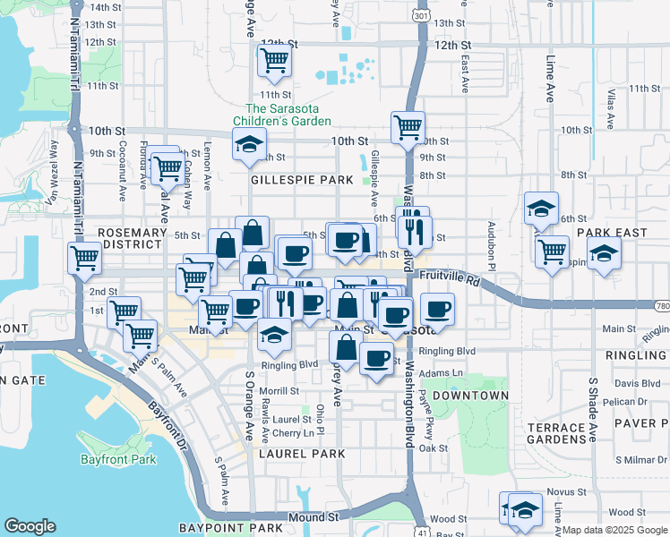 map of restaurants, bars, coffee shops, grocery stores, and more near 311 North Osprey Avenue in Sarasota