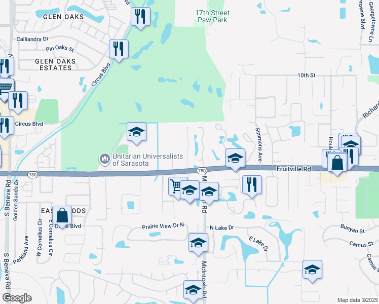 map of restaurants, bars, coffee shops, grocery stores, and more near 208 Whispering Oaks Court in Sarasota