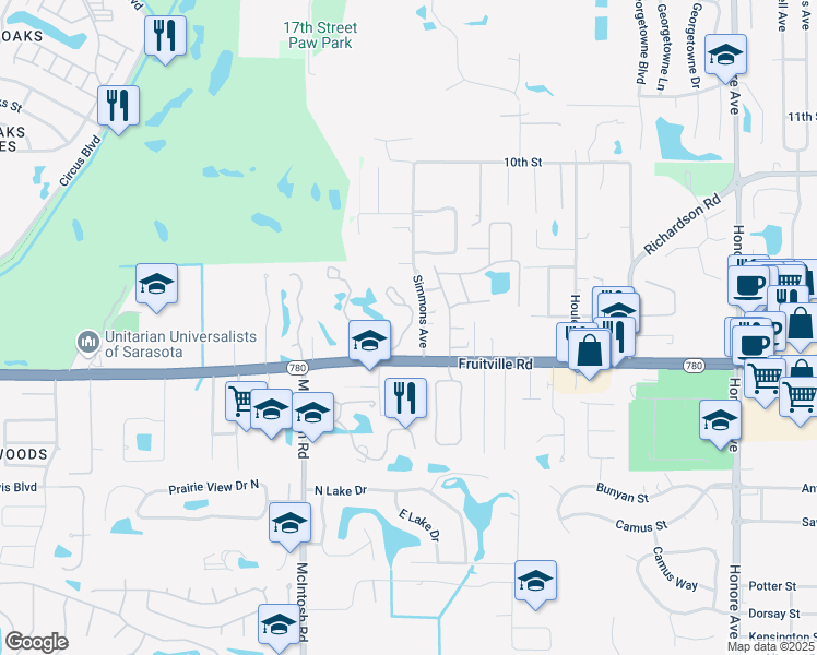 map of restaurants, bars, coffee shops, grocery stores, and more near 176 Herons Run Drive in Sarasota