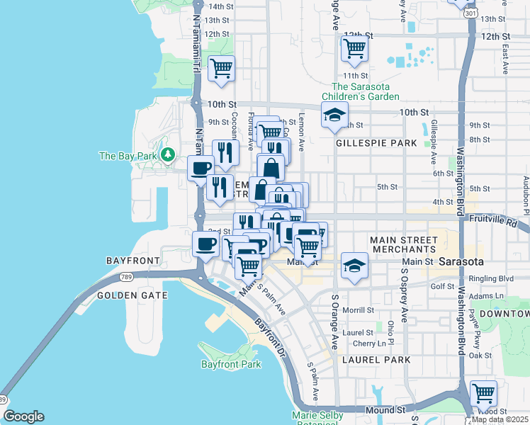 map of restaurants, bars, coffee shops, grocery stores, and more near 1359 Fruitville Road in Sarasota