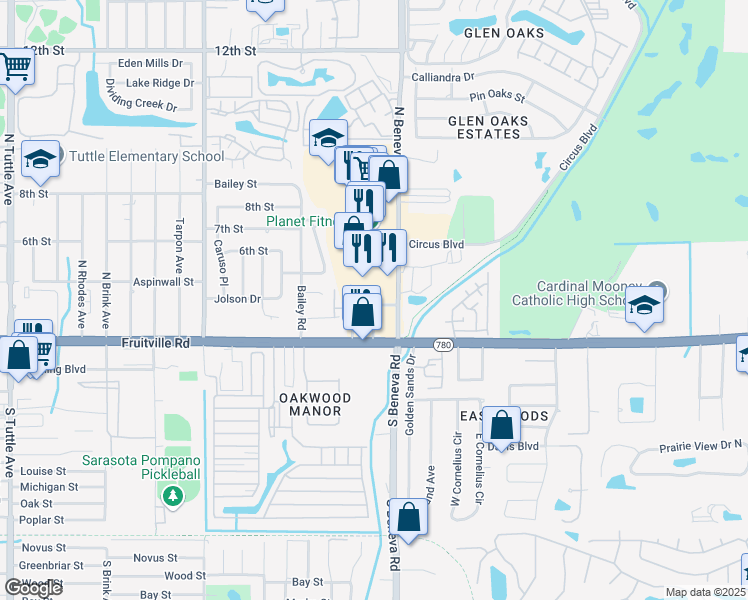 map of restaurants, bars, coffee shops, grocery stores, and more near 180 North Beneva Road in Sarasota