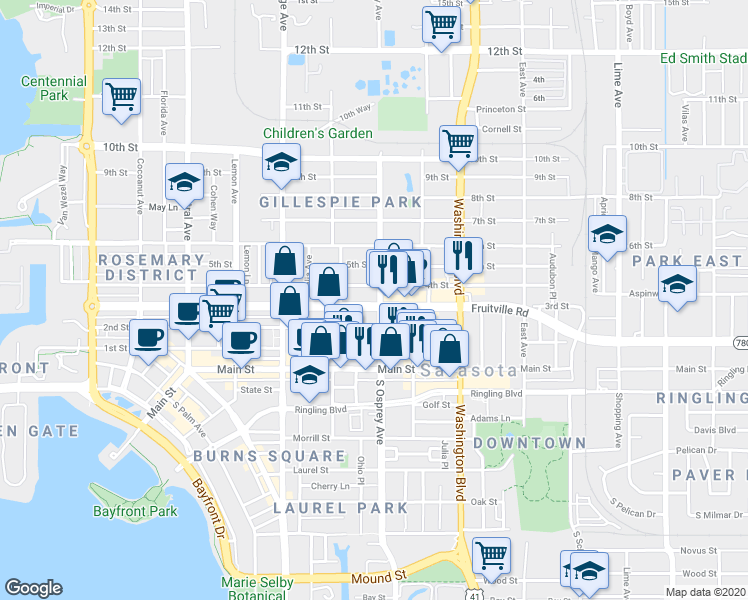map of restaurants, bars, coffee shops, grocery stores, and more near 311 North Osprey Avenue in Sarasota