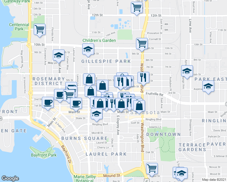 map of restaurants, bars, coffee shops, grocery stores, and more near 311 North Osprey Avenue in Sarasota