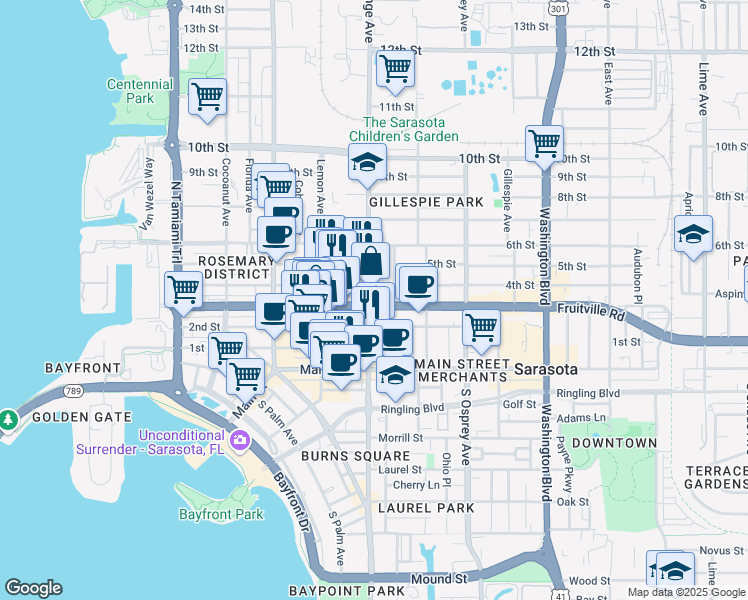 map of restaurants, bars, coffee shops, grocery stores, and more near 1577 Fruitville Road in Sarasota