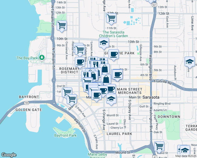 map of restaurants, bars, coffee shops, grocery stores, and more near 1577 Fruitville Road in Sarasota