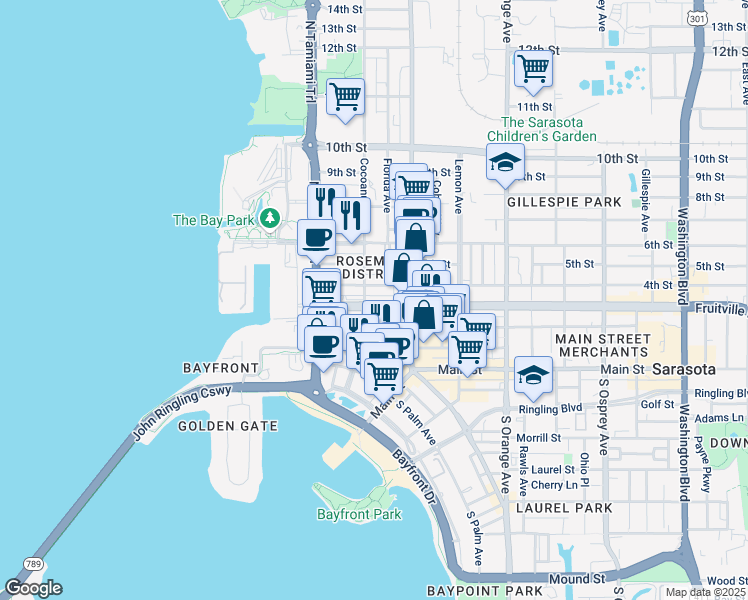 map of restaurants, bars, coffee shops, grocery stores, and more near 1283B Fruitville Road in Sarasota