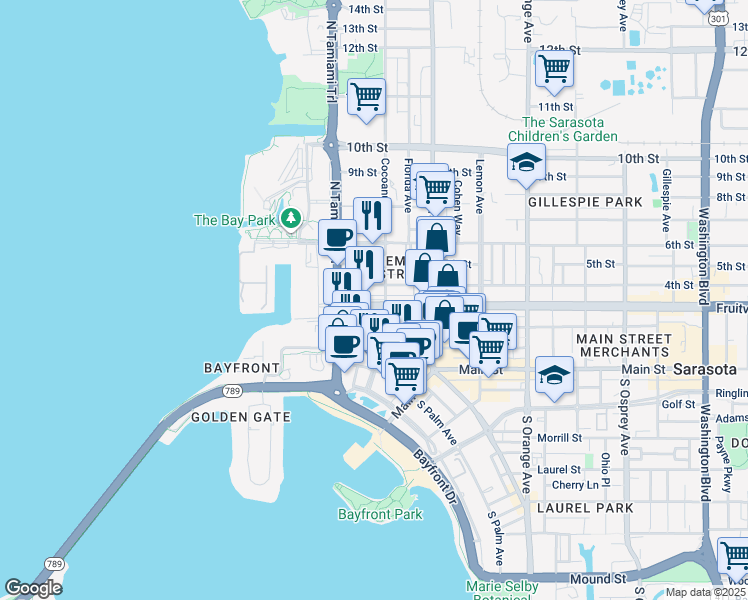 map of restaurants, bars, coffee shops, grocery stores, and more near in Sarasota