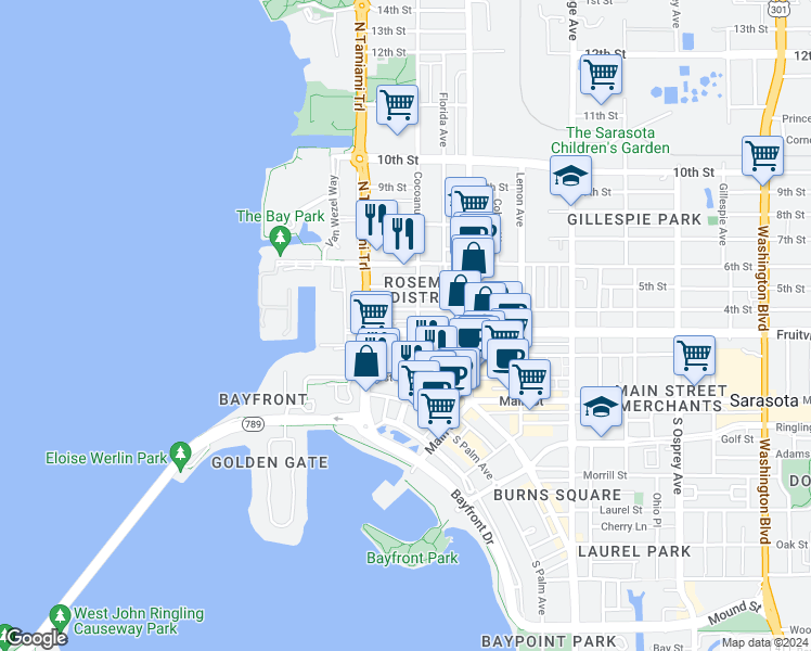 map of restaurants, bars, coffee shops, grocery stores, and more near 1283B Fruitville Road in Sarasota