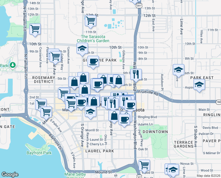 map of restaurants, bars, coffee shops, grocery stores, and more near 311 North Osprey Avenue in Sarasota