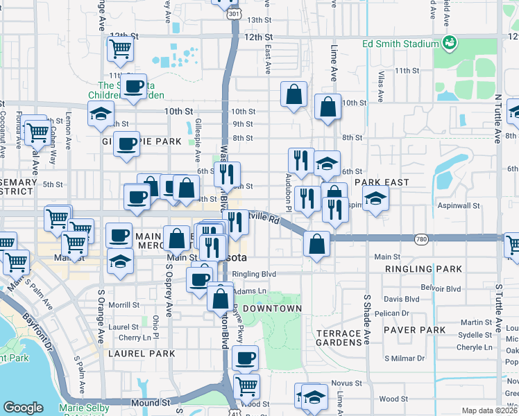 map of restaurants, bars, coffee shops, grocery stores, and more near 100 East Avenue in Sarasota