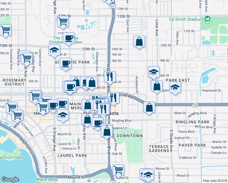 map of restaurants, bars, coffee shops, grocery stores, and more near 2029 Fruitville Road in Sarasota