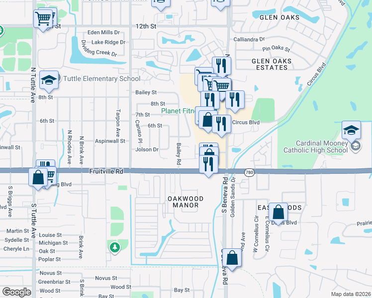 map of restaurants, bars, coffee shops, grocery stores, and more near 302 Bailey Lane in Sarasota