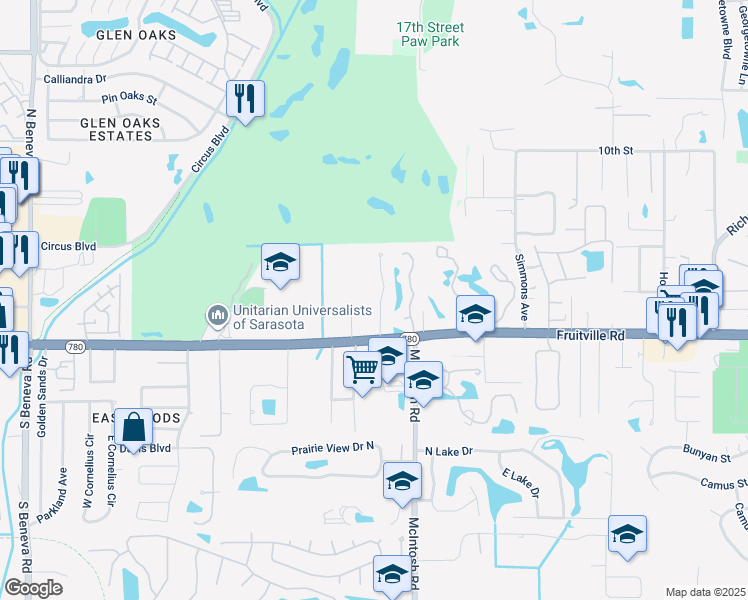 map of restaurants, bars, coffee shops, grocery stores, and more near 208 Whispering Oaks Court in Sarasota