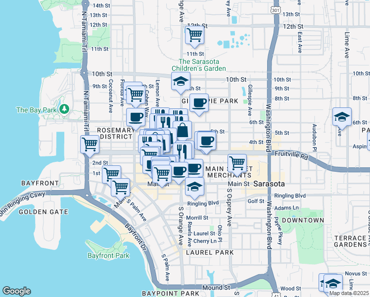 map of restaurants, bars, coffee shops, grocery stores, and more near 1613 Fruitville Road in Sarasota