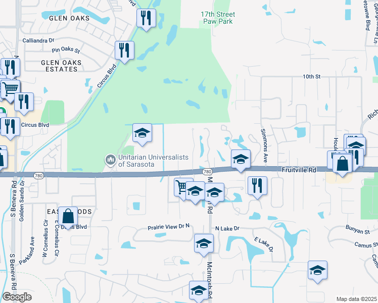 map of restaurants, bars, coffee shops, grocery stores, and more near 208 Whispering Oaks Court in Sarasota