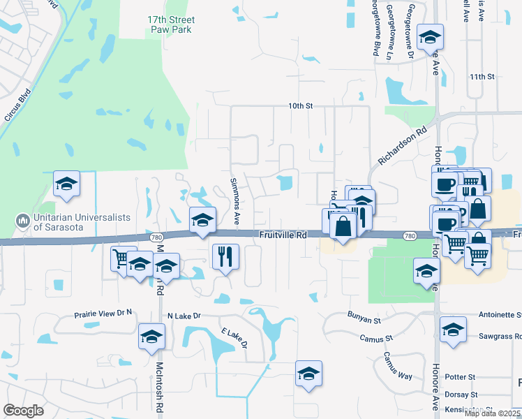 map of restaurants, bars, coffee shops, grocery stores, and more near 3389 Magic Oak Lane in Sarasota