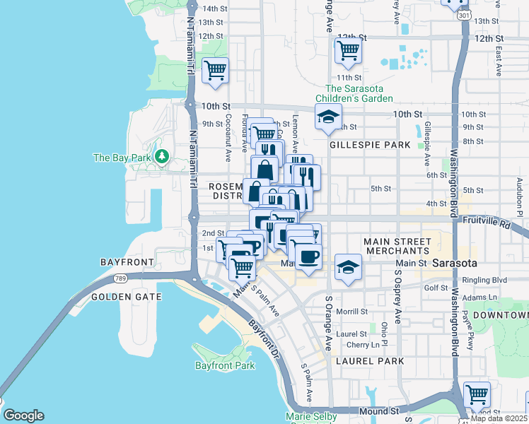 map of restaurants, bars, coffee shops, grocery stores, and more near 320 Central Avenue in Sarasota