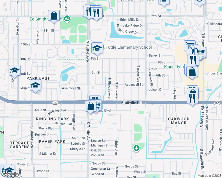 map of restaurants, bars, coffee shops, grocery stores, and more near 235 North Brink Avenue in Sarasota
