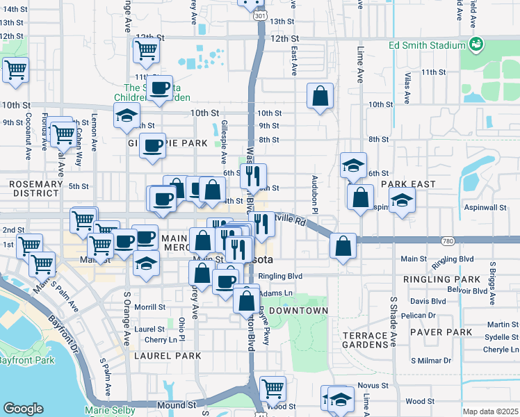 map of restaurants, bars, coffee shops, grocery stores, and more near 2029 Fruitville Road in Sarasota