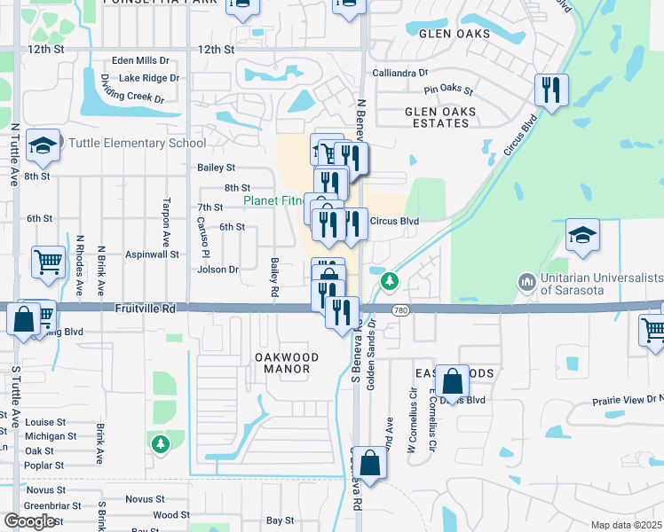 map of restaurants, bars, coffee shops, grocery stores, and more near 180 North Beneva Road in Sarasota