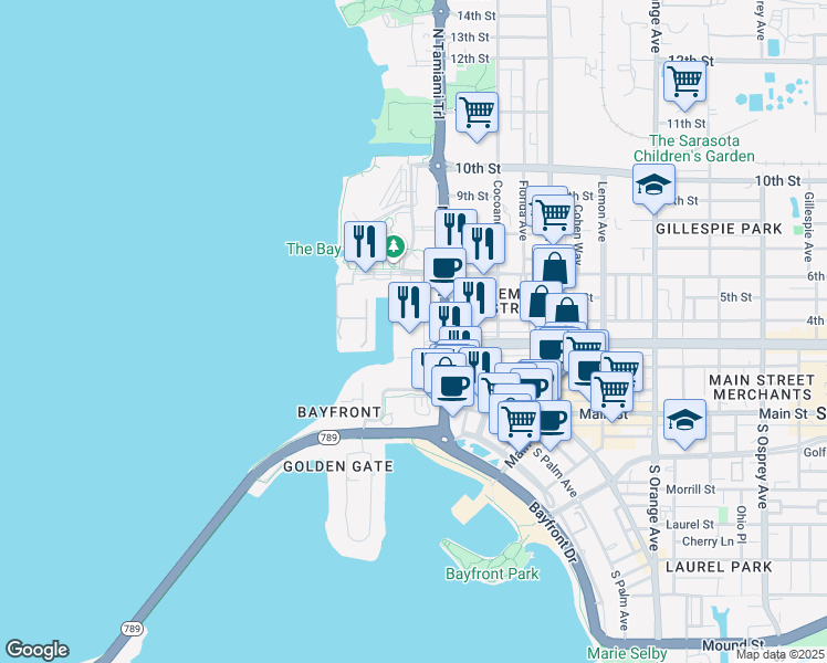 map of restaurants, bars, coffee shops, grocery stores, and more near 475 Quay Commons in Sarasota
