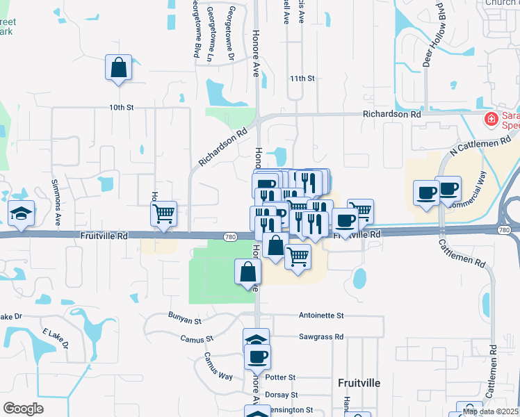 map of restaurants, bars, coffee shops, grocery stores, and more near 4700 Honore Avenue in Sarasota