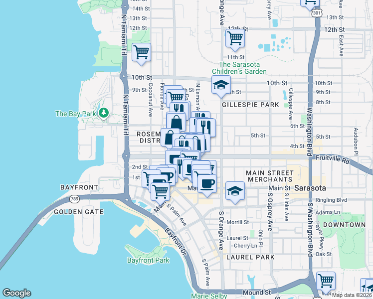 map of restaurants, bars, coffee shops, grocery stores, and more near 320 Central Avenue in Sarasota
