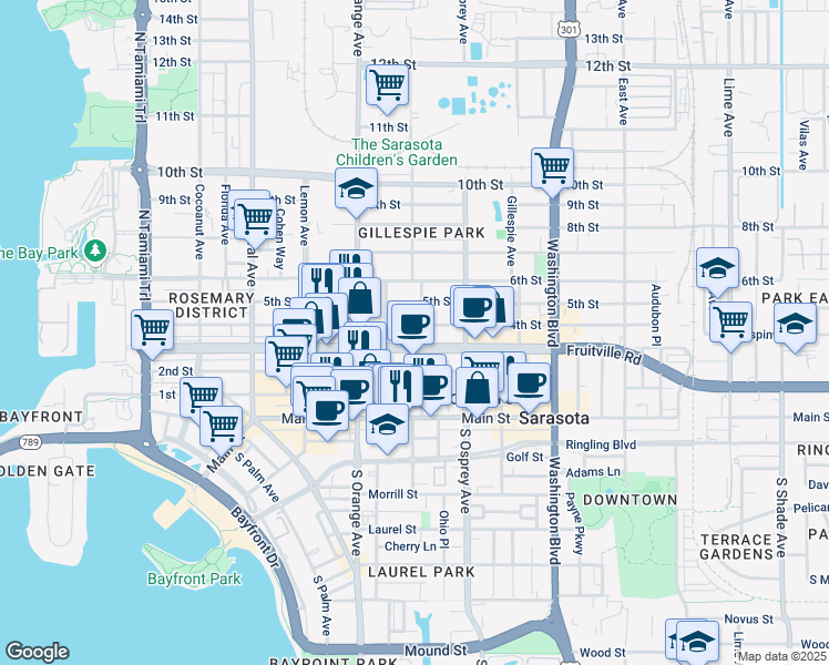 map of restaurants, bars, coffee shops, grocery stores, and more near 1711 Fruitville Road in Sarasota