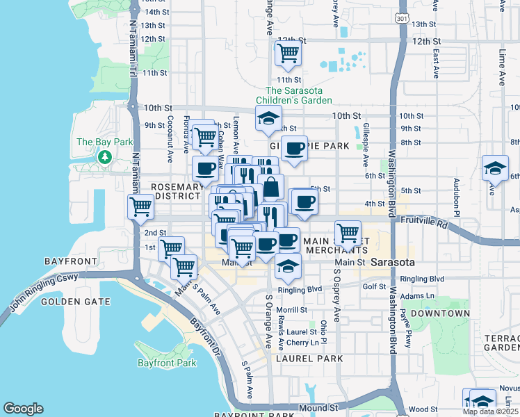 map of restaurants, bars, coffee shops, grocery stores, and more near 1577 Fruitville Road in Sarasota