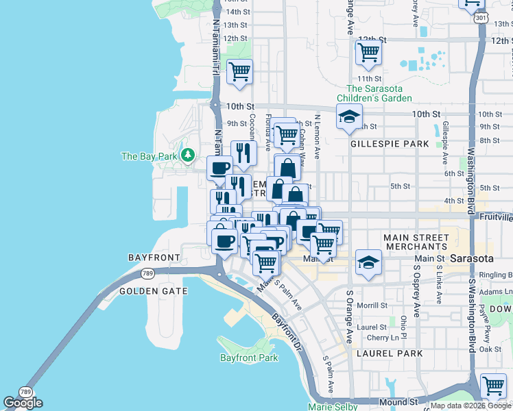 map of restaurants, bars, coffee shops, grocery stores, and more near in Sarasota