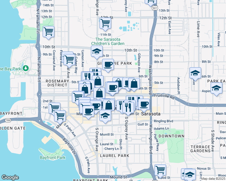 map of restaurants, bars, coffee shops, grocery stores, and more near 1711 Fruitville Road in Sarasota