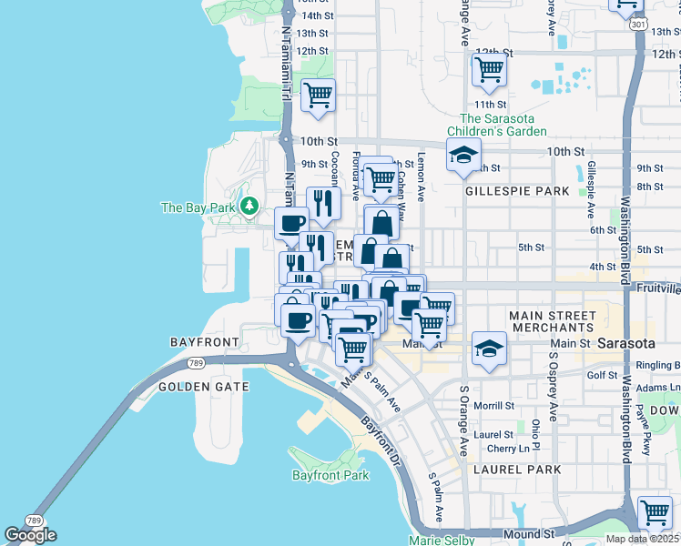map of restaurants, bars, coffee shops, grocery stores, and more near 1283B Fruitville Road in Sarasota