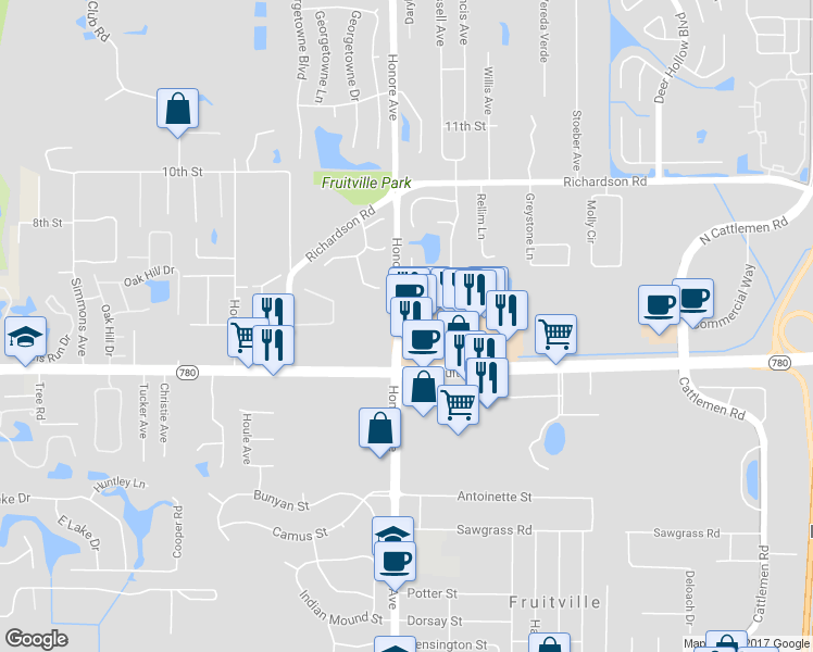 map of restaurants, bars, coffee shops, grocery stores, and more near 1780 Honore Ave in Sarasota