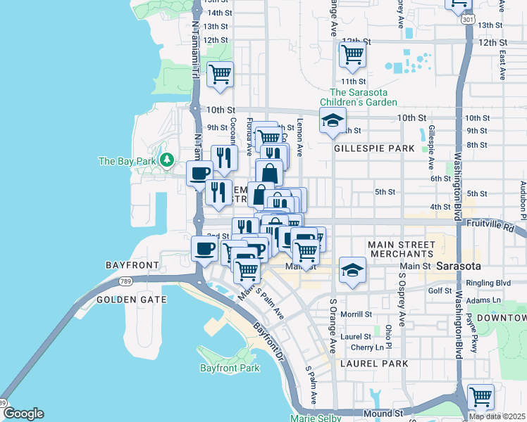 map of restaurants, bars, coffee shops, grocery stores, and more near 1359 Fruitville Road in Sarasota