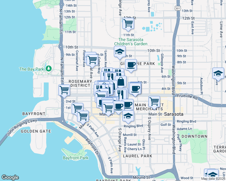map of restaurants, bars, coffee shops, grocery stores, and more near 1577 Fruitville Road in Sarasota