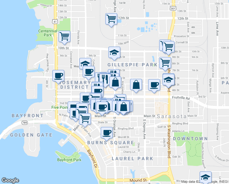 map of restaurants, bars, coffee shops, grocery stores, and more near 303 North Orange Avenue in Sarasota