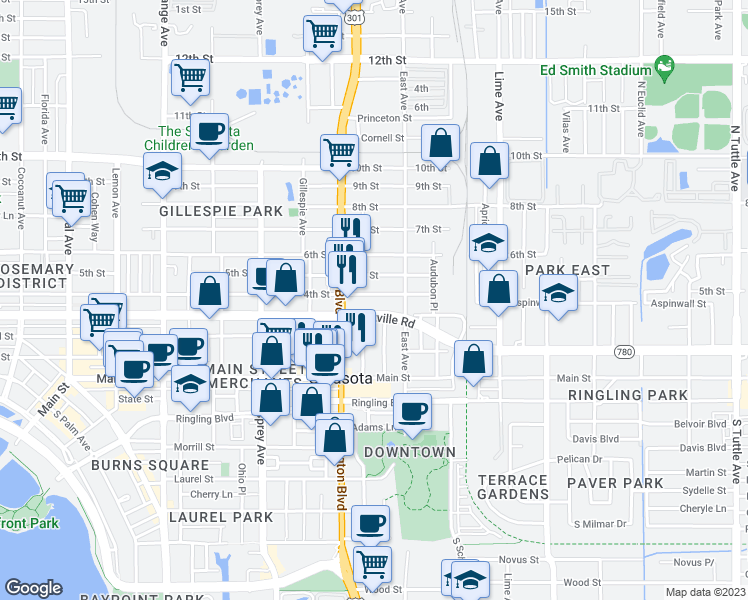 map of restaurants, bars, coffee shops, grocery stores, and more near 2042 4th Street in Sarasota