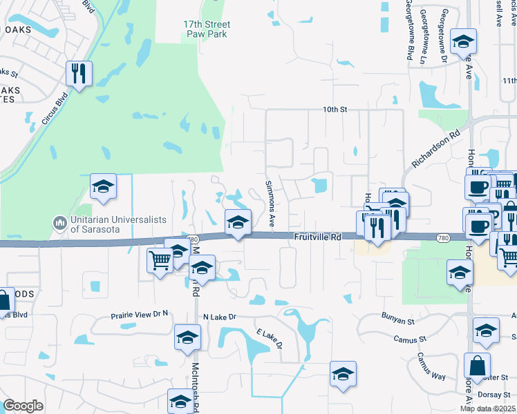 map of restaurants, bars, coffee shops, grocery stores, and more near 250 Herons Run Drive in Sarasota