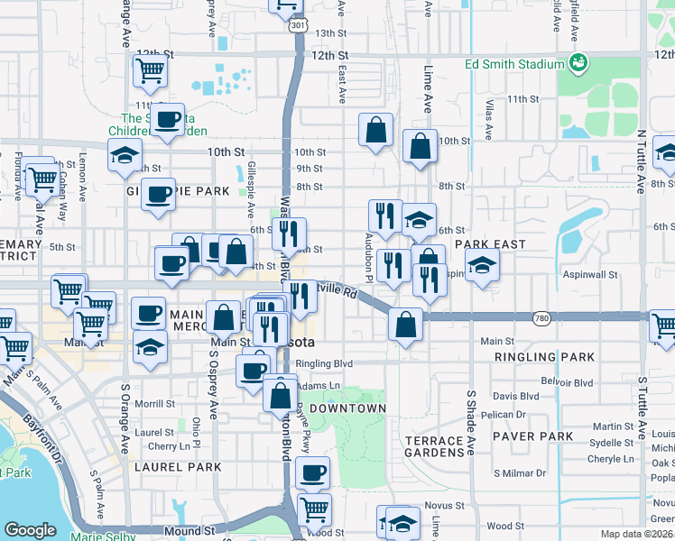 map of restaurants, bars, coffee shops, grocery stores, and more near 100 East Avenue in Sarasota