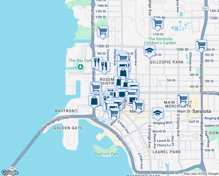 map of restaurants, bars, coffee shops, grocery stores, and more near 332 Cocoanut Avenue in Sarasota